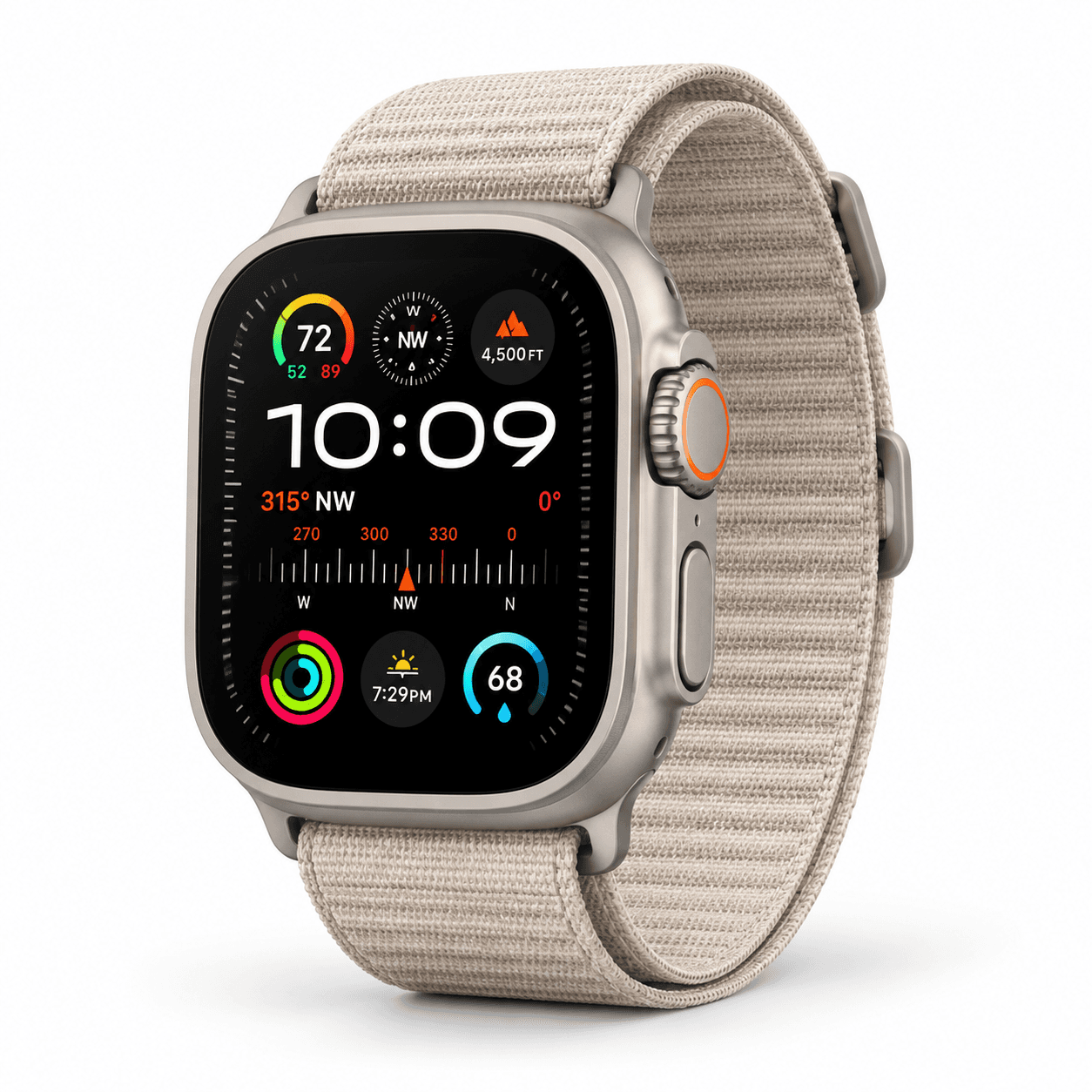 ساعت هوشمند اپل مدل Apple Watch Ultra 2 با بدنه تیتانیومی و بند تریل لوپ بژ