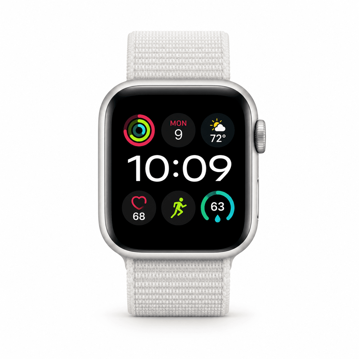 ساعت هوشمند اپل مدل Apple Watch Series 9 سایز 45 میلیمتری، رنگ نقرهای با بند پارچهای سفید